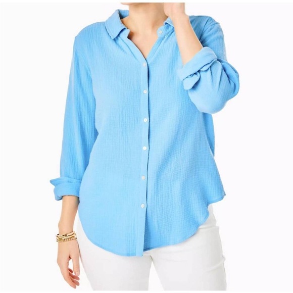 Lilly Pulitzer Frenchie Blue Geanie Button-Down Shirt, Size Medium - Picture 2 of 10